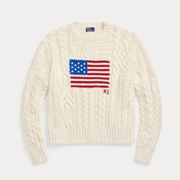 Polo by Ralph Lauren Aran-Knit Flag Cotton Sweater LARGE - Picture 1 of 15